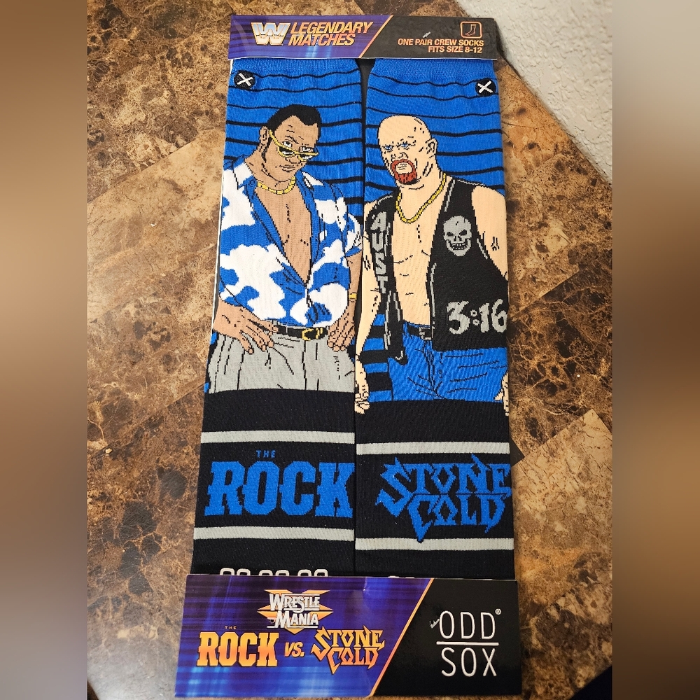 ODD SOX Men's Crew Socks - WWE The Rock Vs Stone Cold WrestleMania XV New